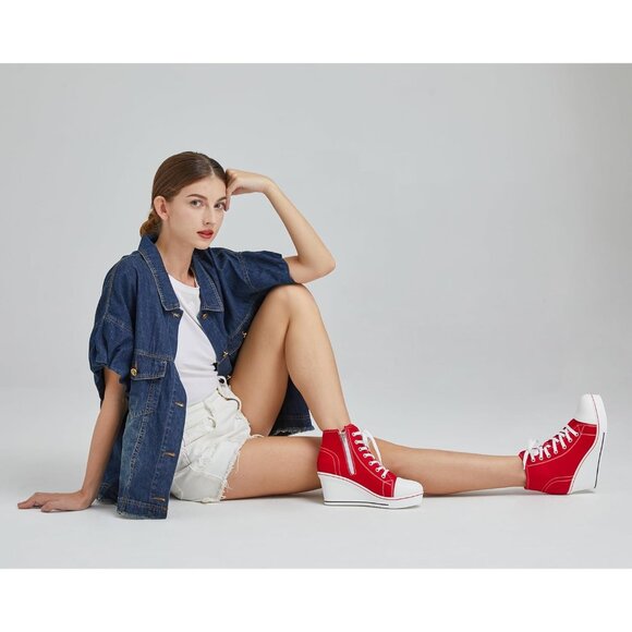 Wedge Sneakers Women's Canvas High Heel Platform Lace Up Zipper Casual Chic - Picture 6 of 6